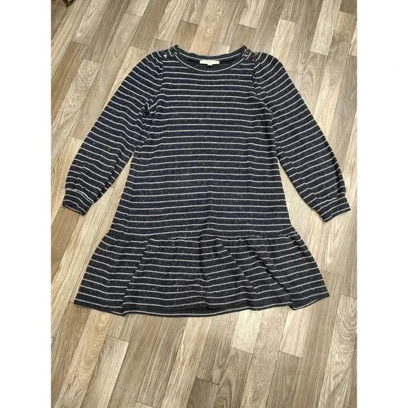 Petite Shimmer Striped Shoulder Button Ruffle Dress Size Medium - Picture 1 of 8